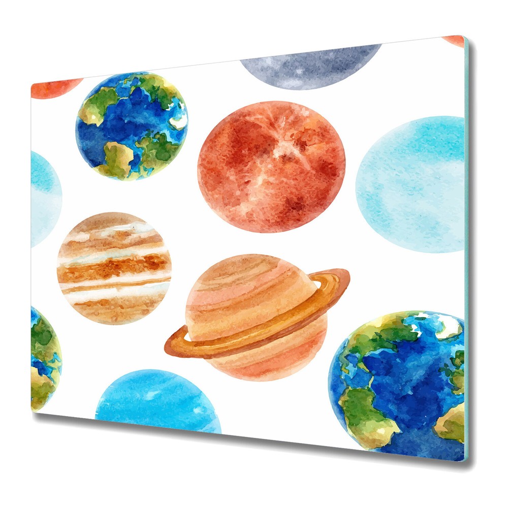 Glass Chopping Board Worktop Saver Planets Colourful Watercolour 60x52