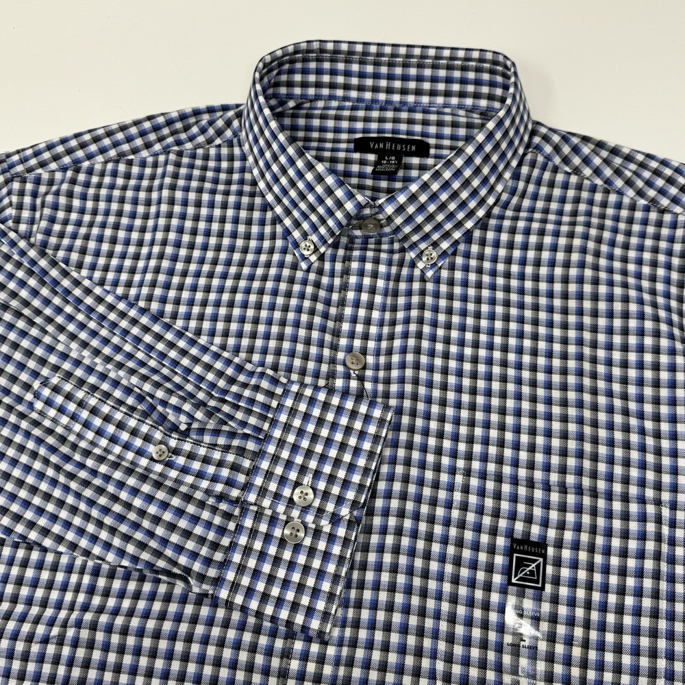Van Heusen Shirt Mens Large Blue Check Long Sleeve Non Iron Casual Button Front