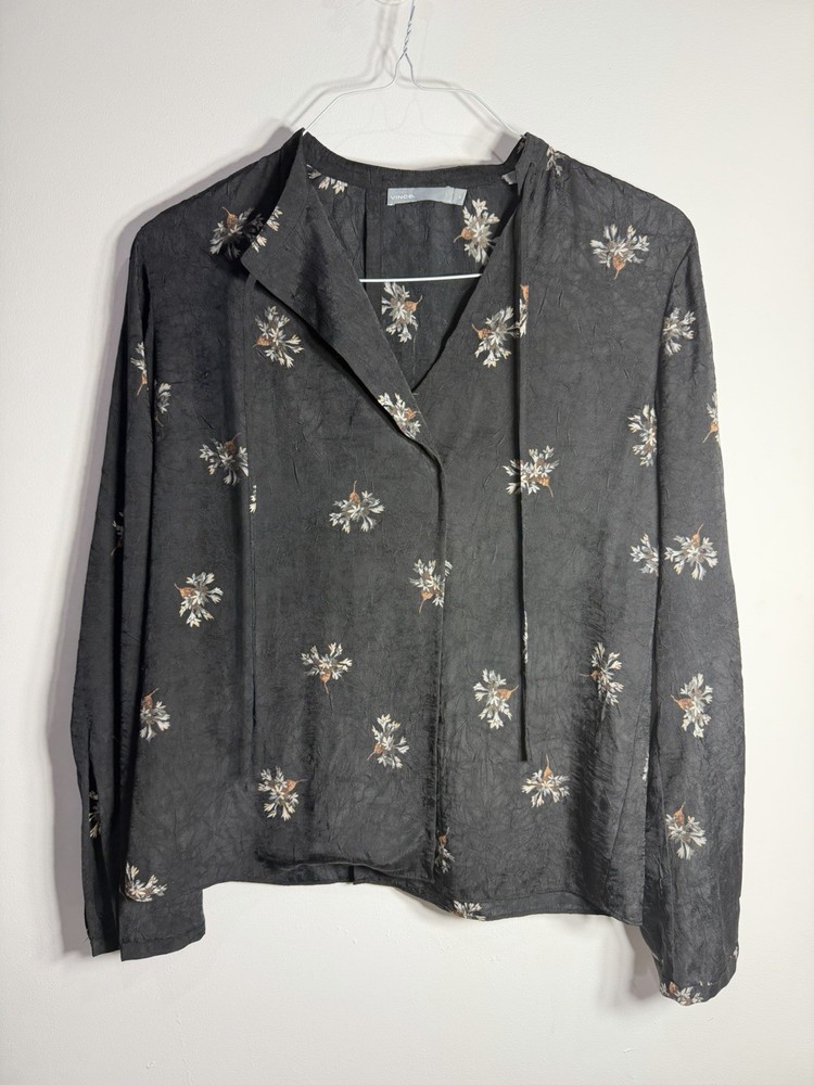 Vince XS Dandelion Poet Blouse Medium Gathered Floral Print Silk Crepon Black