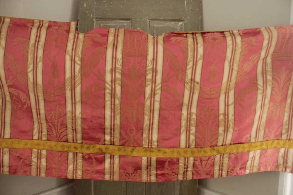 Antique French fabric silk damask pink gold metallic trim 19th century possibly