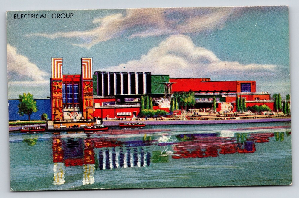 Chicago 1933 World Fair~Electrical Bldg Group~Boat~Reflection~ART DECO Colortype