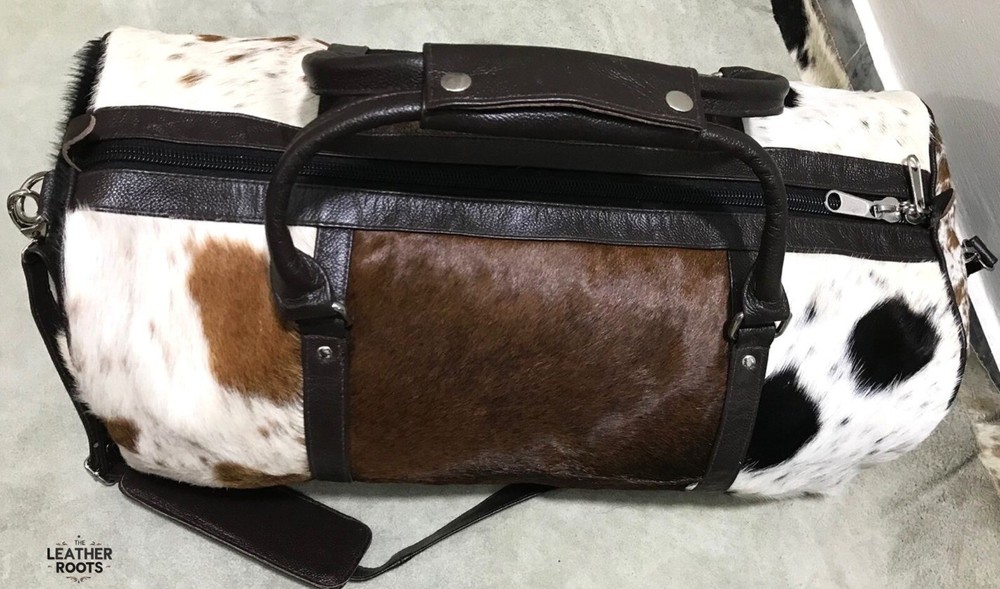 Cowhide Leather Duffel Bag | Cow hide Hair On Tricolor Weekender bag Travel Bag