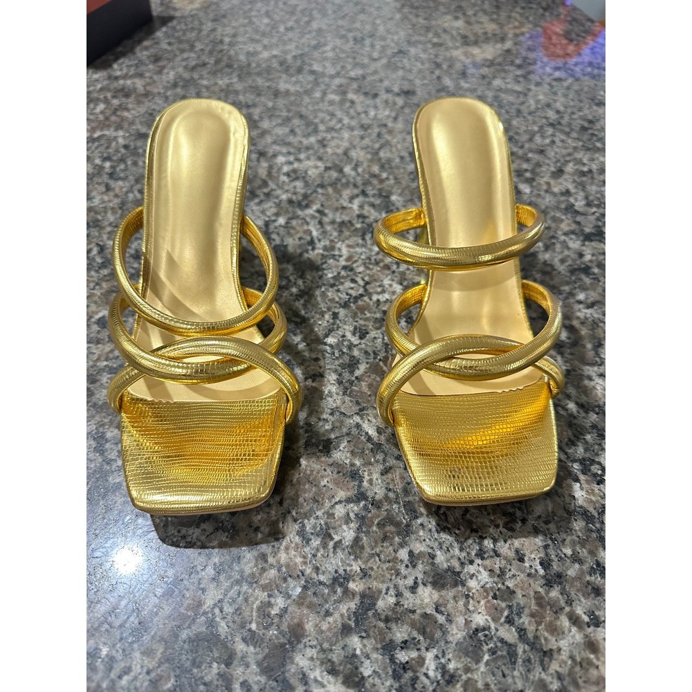 Women Gold Pyramid High Heel Mules Open Toe Sandals Decorated Branded