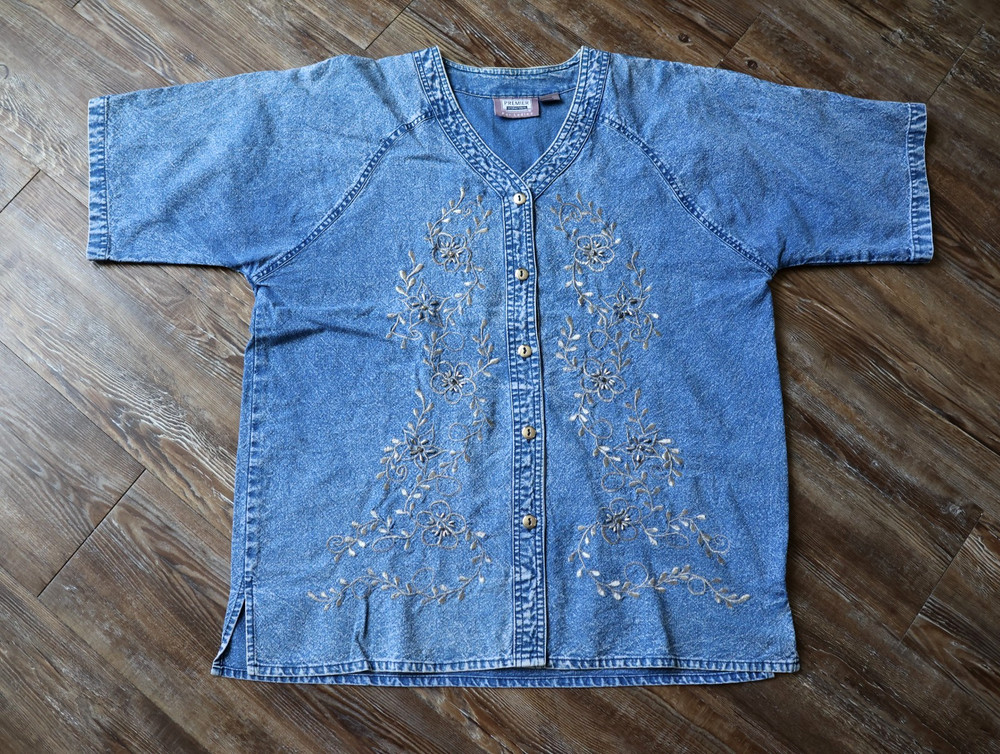 Vintage 90s Premier International Beaded Embroidered Granny Denim Blouse Women L