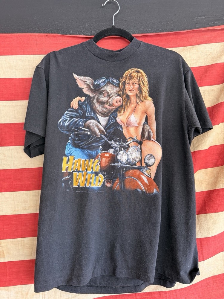 3D Emblem Biker Hawg Wild T Shirt  Single Stitch Large VTG