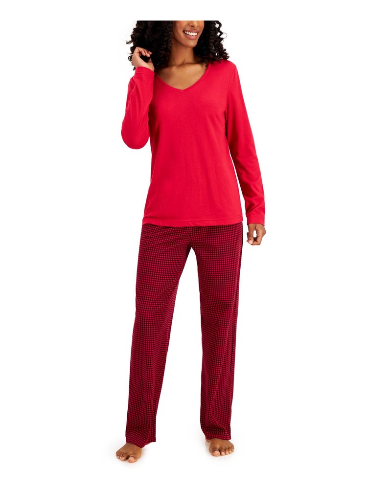 CHARTER CLUB Womens Red Long Sleeve Top Straight leg Pants Pajamas S