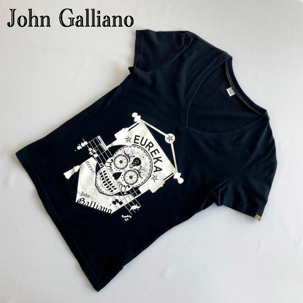 JOHN GALLIANO Eureka Skull Print V-Neck Black T-Shirt Size M