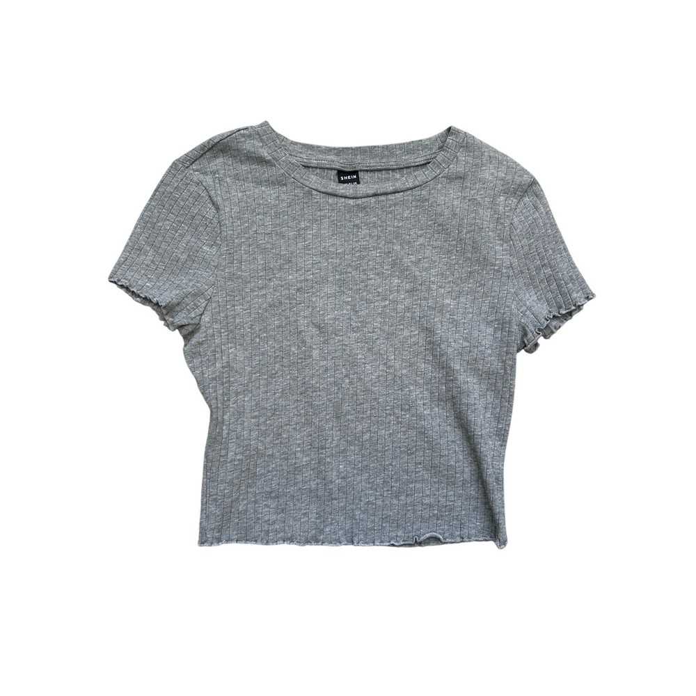 SHEIN Gray Ribbed Lettuce Hem Cropped T Shirt Medium