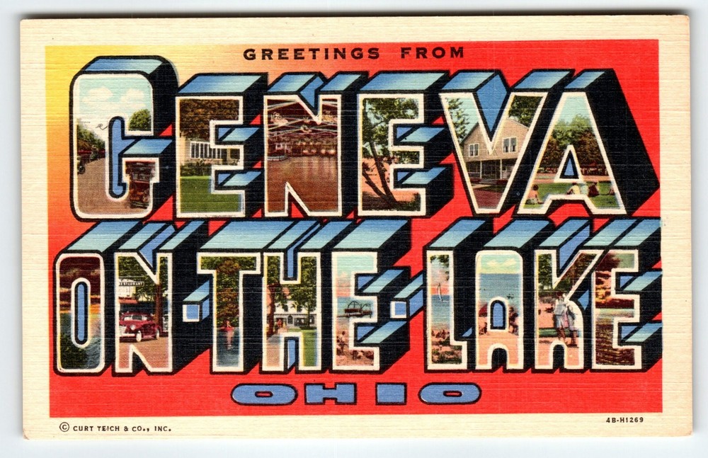 Greetings From Geneva On The Lake Ohio 1940s Large Letter Postcard Curt Teich