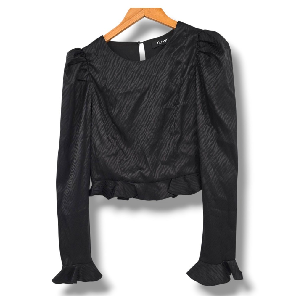 DO+BE Black Ruffle Hem Blouse Long Sleeve Puff Shoulder Top Women's Small