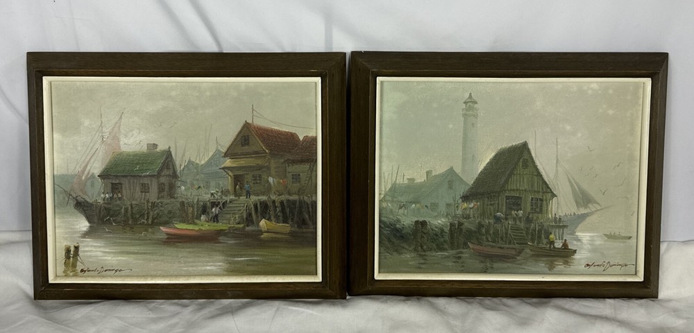 Pair Vintage Original Acrylic Canvas Framed Harbor Boat Village Orlando Domingo