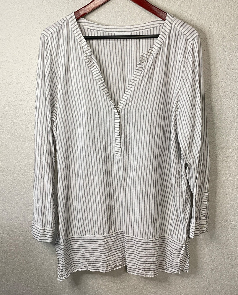 J Jill Love Linen Tunic Top Womens XL White Striped Popover Shirt Buttons V Neck