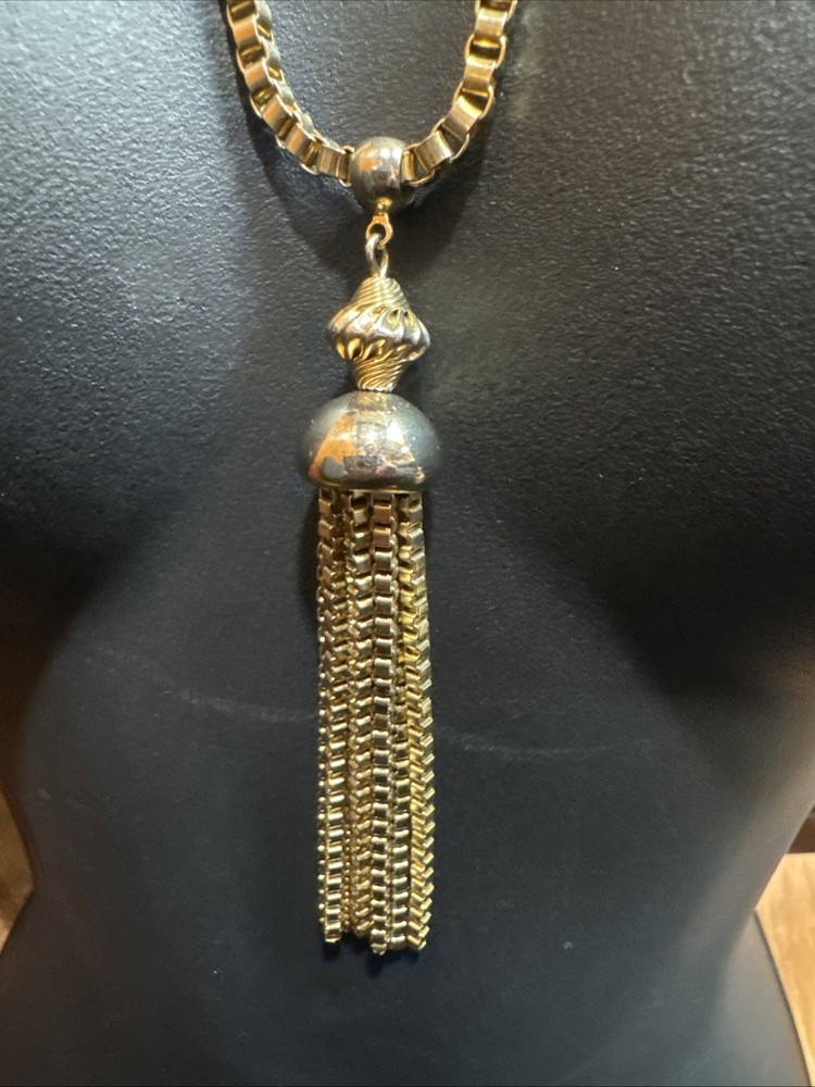 Vintage Tassel Necklace Chain Link Gold Tone Fringe Necklace