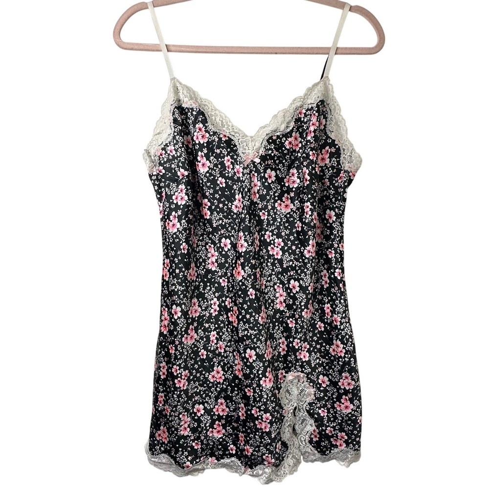 Md Victorias Secret Y2K Black Floral Slip Dress Pink Lace Coquette Romantic Sexy