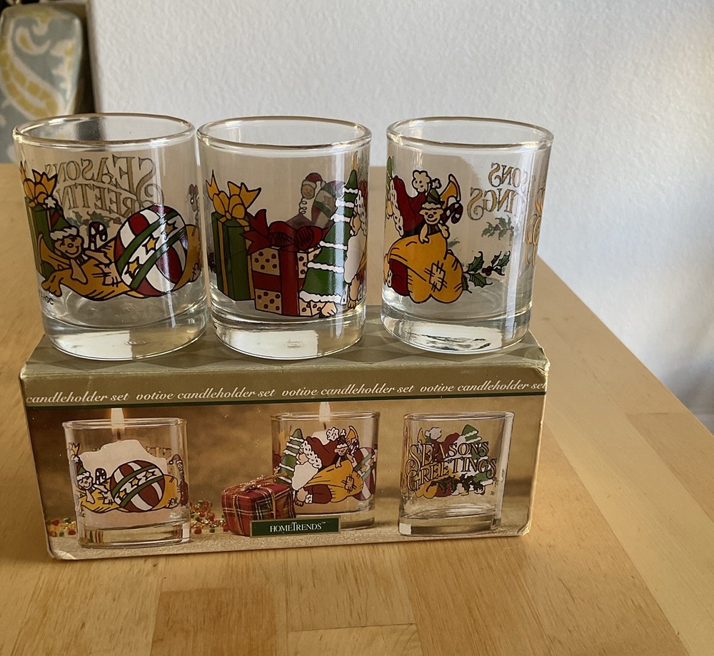 Votive candle holder set. Anchor Hocking Glass. Victorian Santa. Set of three.
