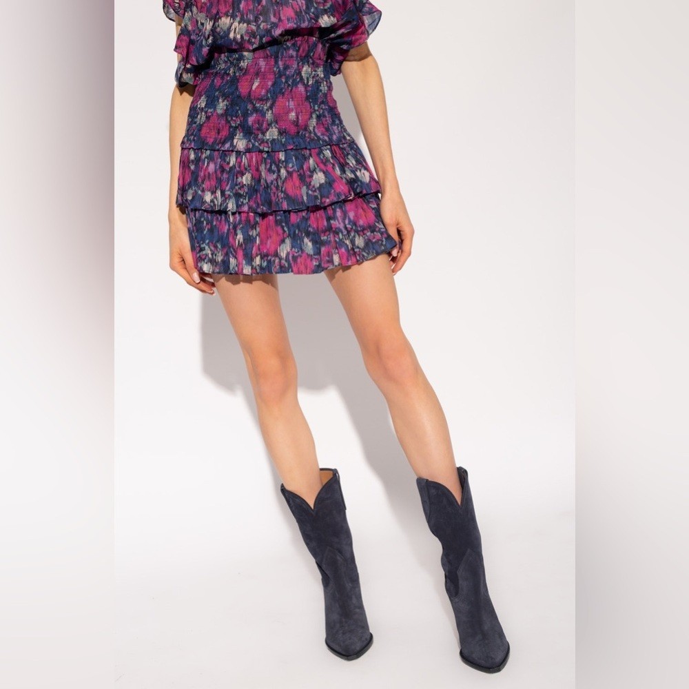 Isabel Marant Etoile Naomi Smocked Ruffle Blue Pink Skirt Size 34