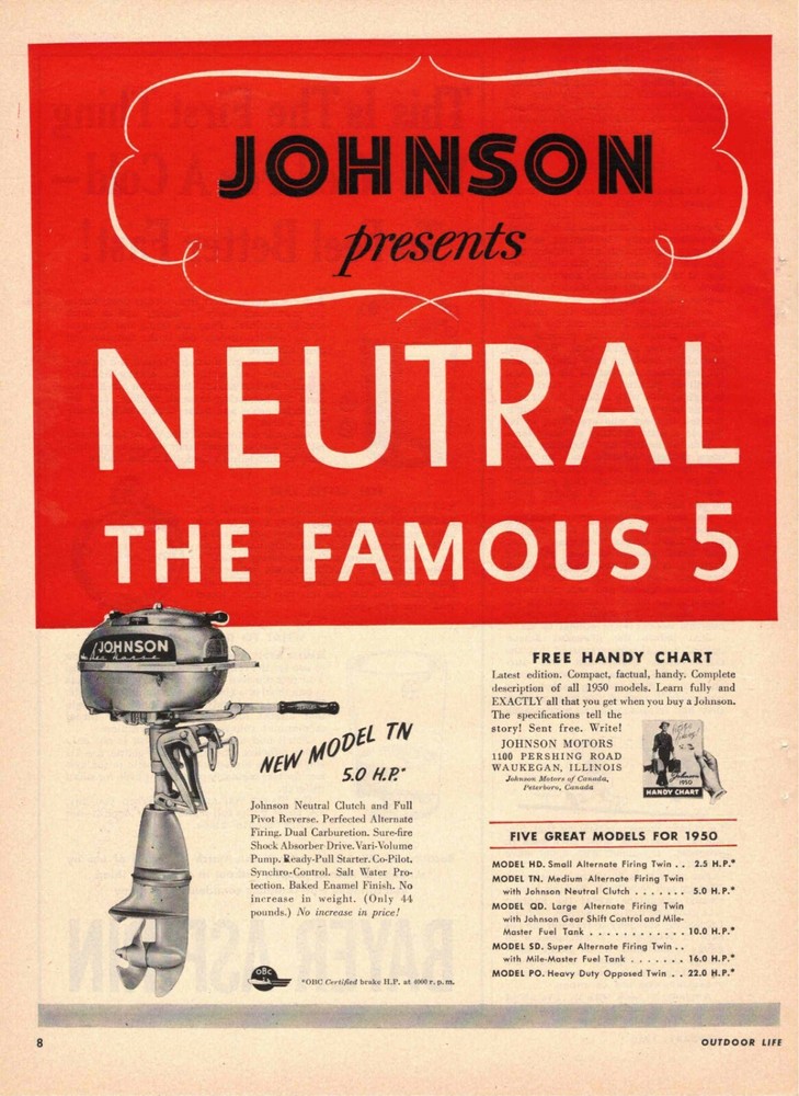Johnson Sea Horse Outboard Motor 2 page ad Neutral Clutch 1950 Waukegan IL