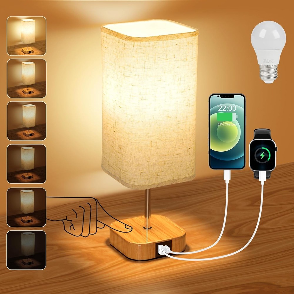 Bedside Table Lamp for Bedroom 5 Way Dimmable Touch Lamp USB C Charging Ports