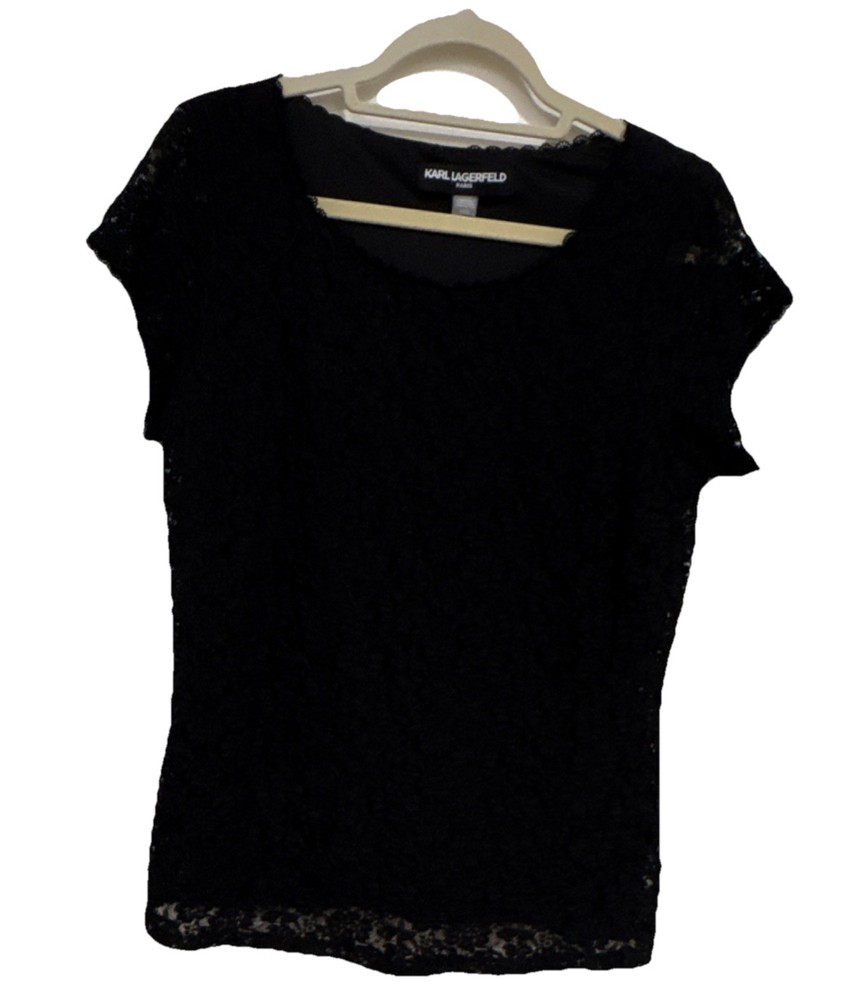 Karl Lagerfeld Paris Suits Floral Lace Short Sleeve Black Blouse NWOT Women Sz L