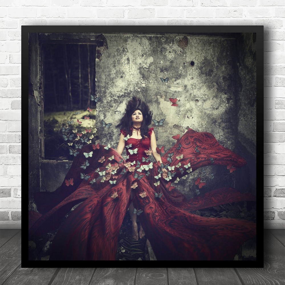 Fantasy Dream Red Butterfly Dress Wall Art Decay Square Print