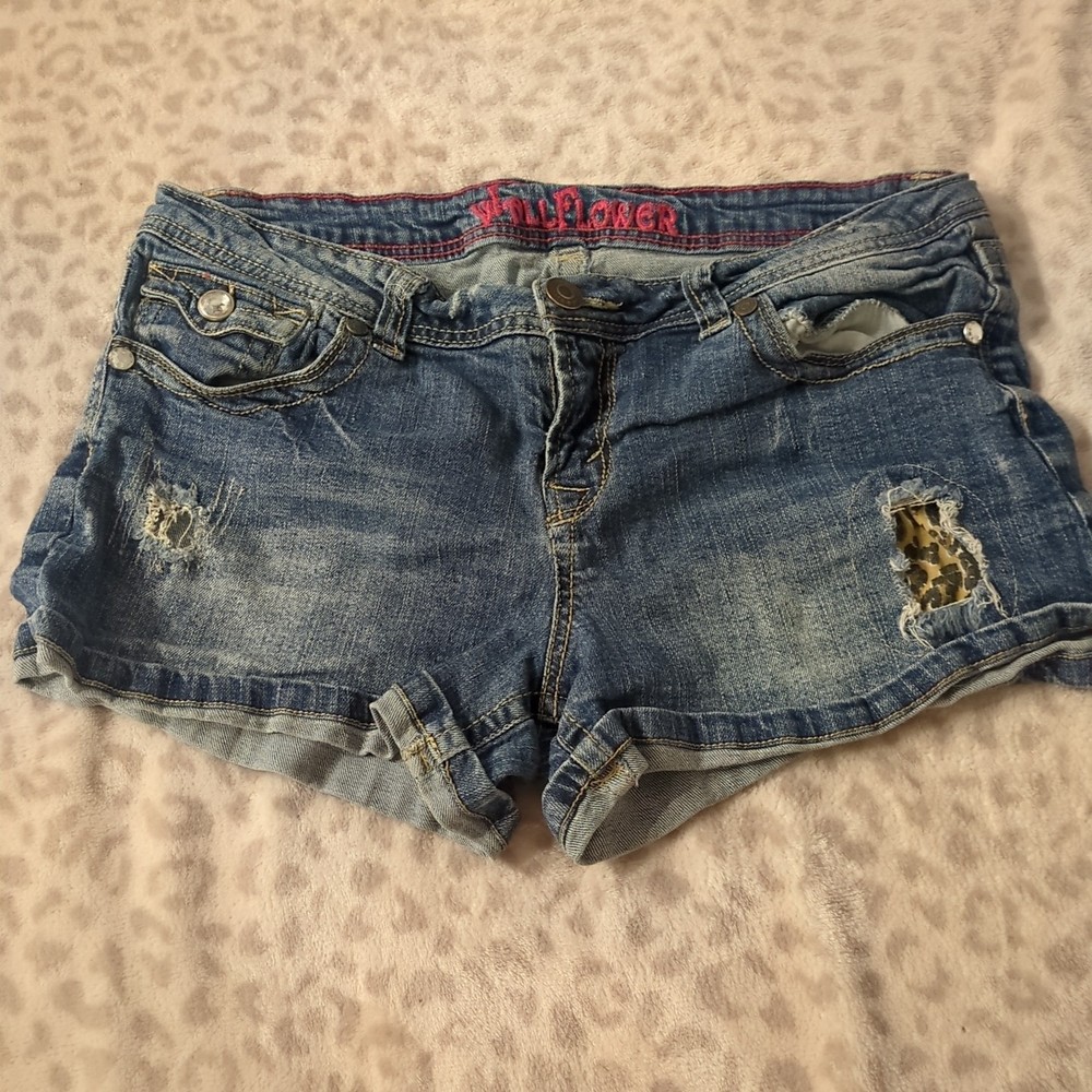 Women's Size 15 WallFlower Cheetah Print Rhinestone Cute Blue Jean Shorts