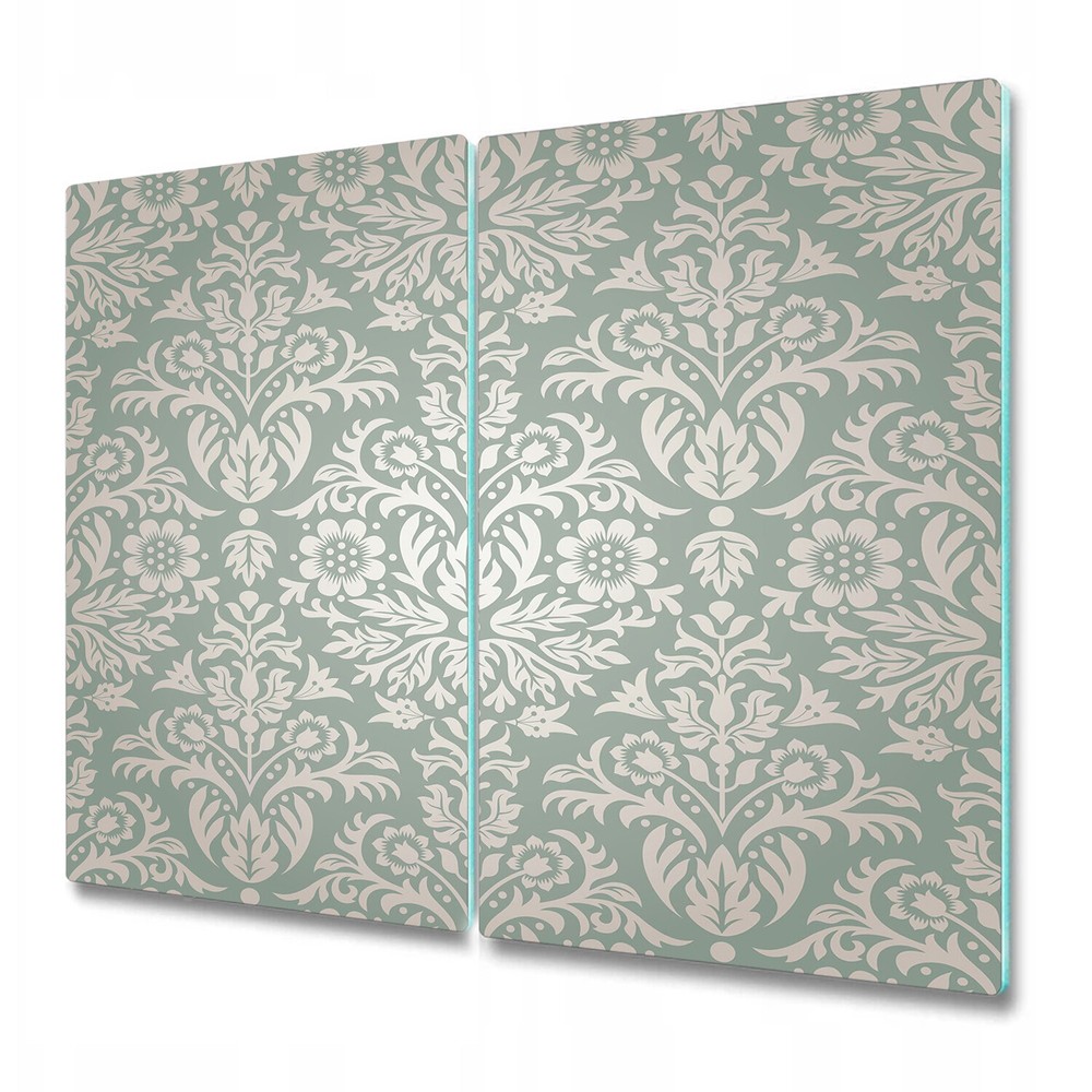 Glass Surface Protector for Worktops with Damask Floral Green & Grey Design 2x30x52cm