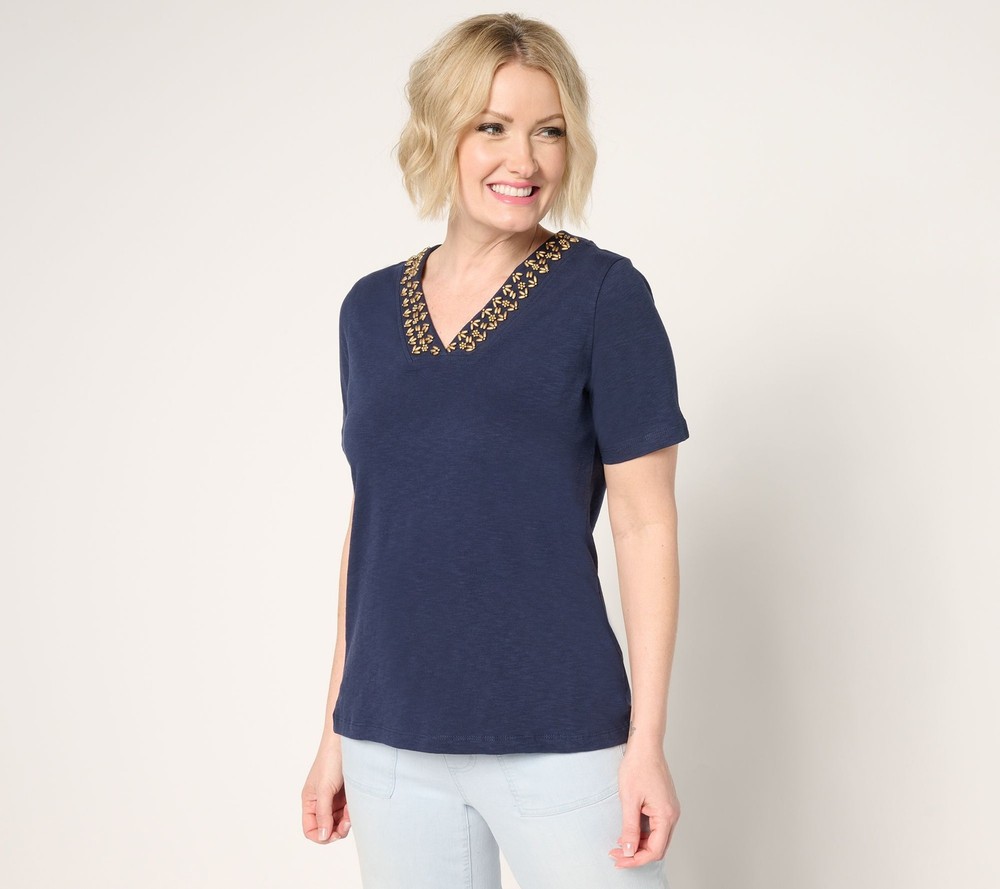 Denim & Co. Women's Top Plus Sz 3X 100% Cotton Beaded V-Neck Short Blue A692758