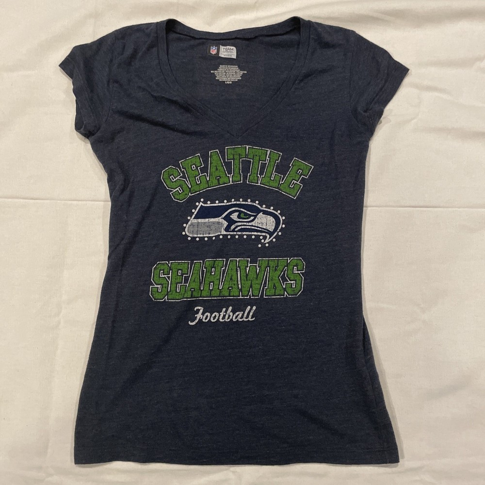 Seattle Seahawks V Neck T-Shirt Women's L Blue NFL Team Apparel