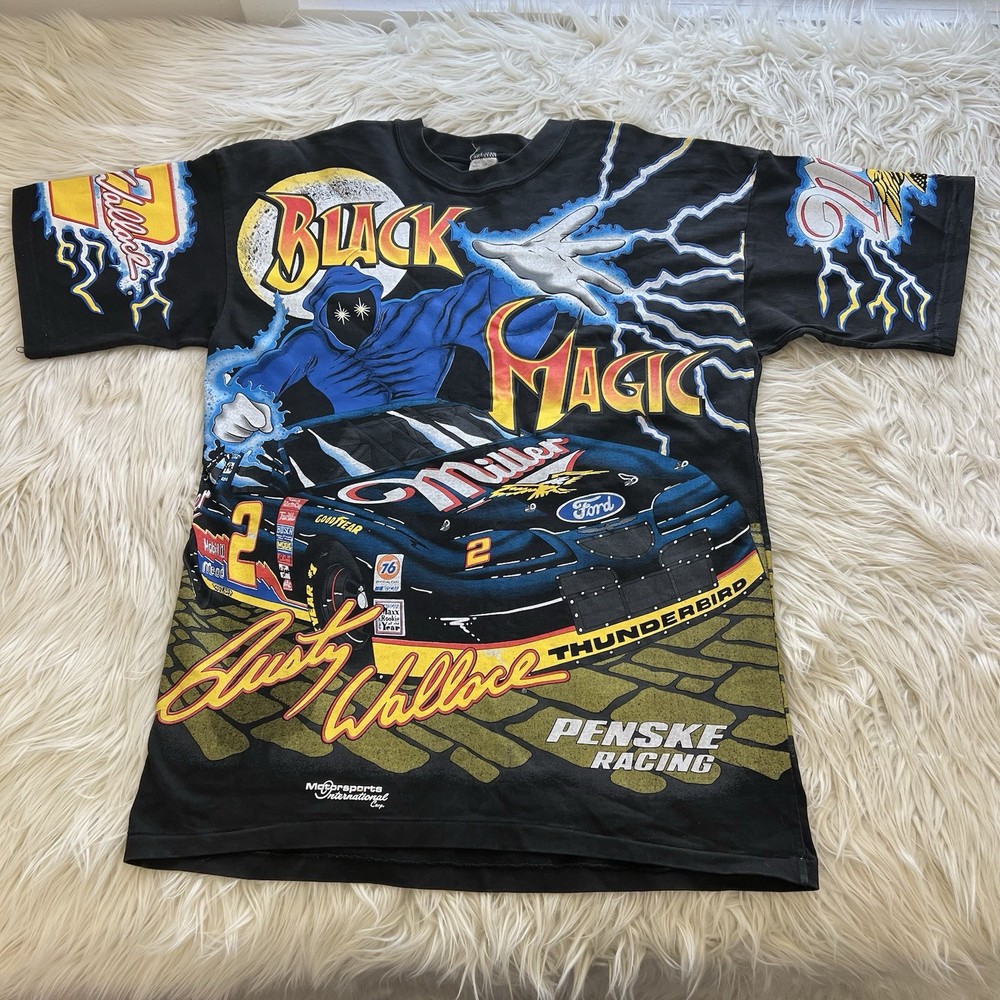 Vintage 90s NASCAR Rusty Wallace Black Magic Lightning AOP Tee T Shirt Size L