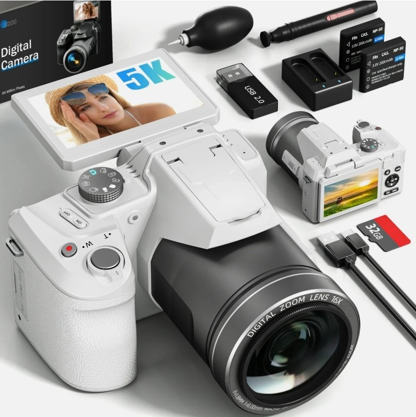 Digital Camera 5K 64MP 16X, WiFi, Autofocus, Vlogging Camera, With 2 Batteries