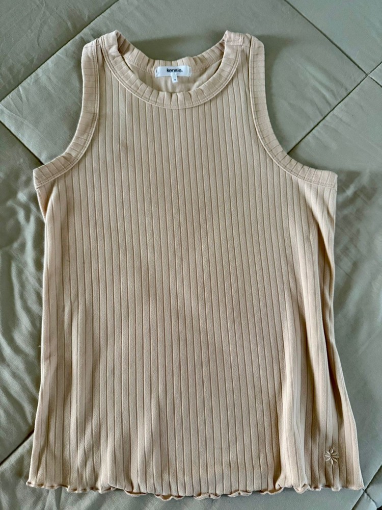 Kensie Women's Ribbed Cotton Sleeveless Beige Tank Top S