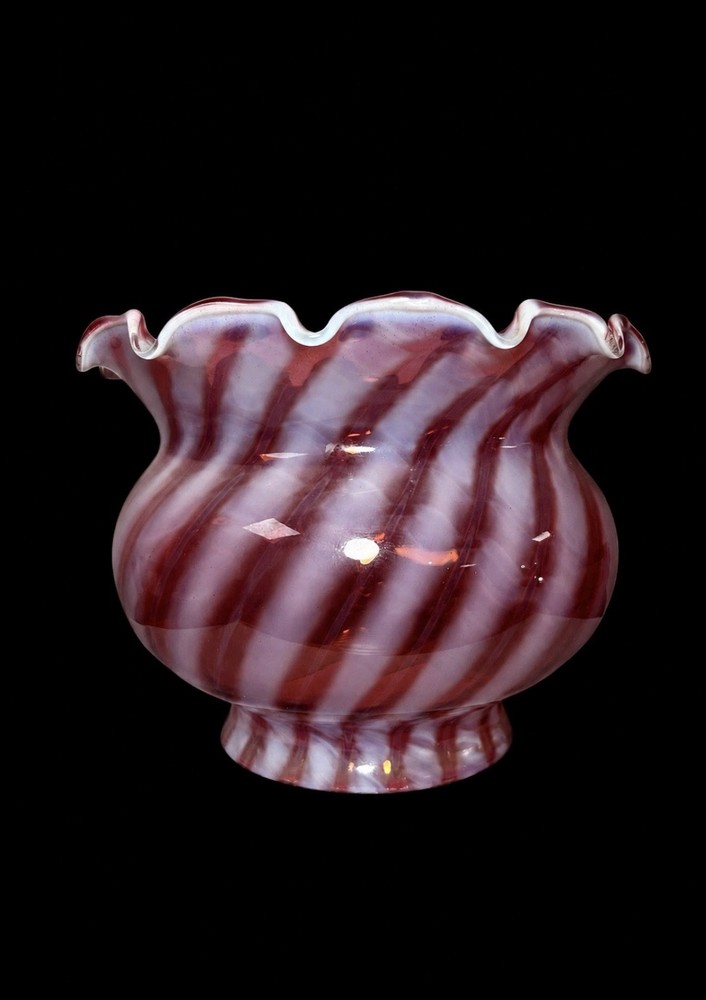 Vintage Cranberry Opalescent Swirl Glass Ruffled Lamp Shade 4” Fitter Oil Gas