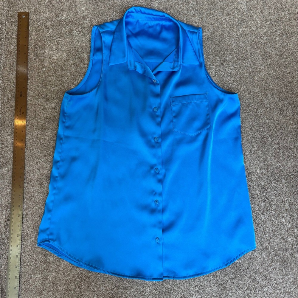 Women's Sleeveless Button Up Collared Blouse Blue Polyester Shirt Top