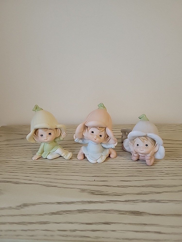 Vintage Homco Pixie Elf Gnome Flower Figurines Set of 3 Ceramic Elves