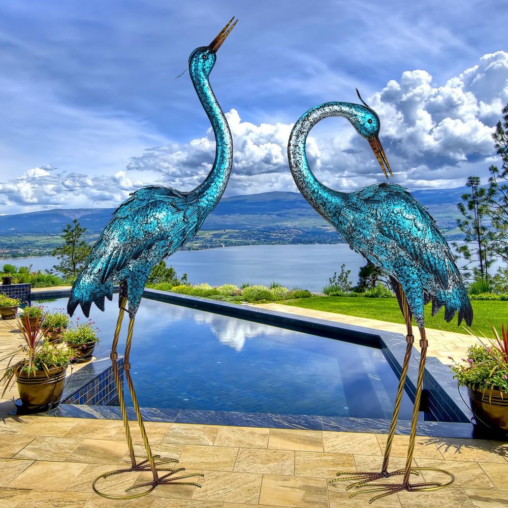 Blue Heron Metal Garden Sculpture Standing Crane Yard Statue Lawn Ornament