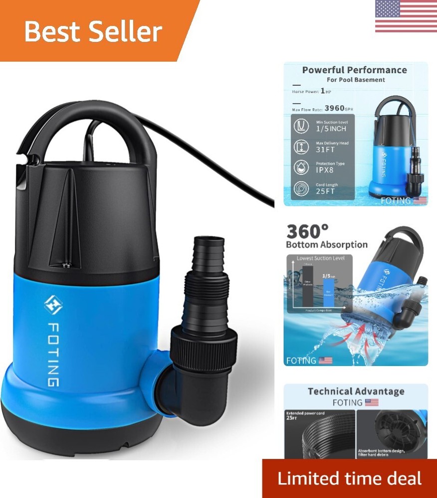 Sump Pump Submersible 1HP Clean/Dirty Water Pump, 3960 GPH Portable Utility P...