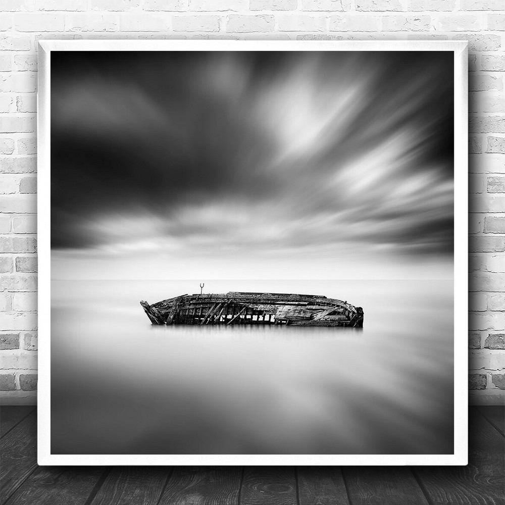 Monochrome Seascape Abandoned Water Wreck Boat Sea Square Wall Art Print