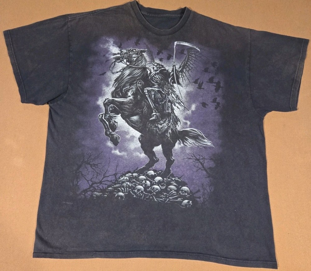 2011 Liquid Blue Grim Reaper Horse Crows T Shirt Mens XL Black Y2K Distressed