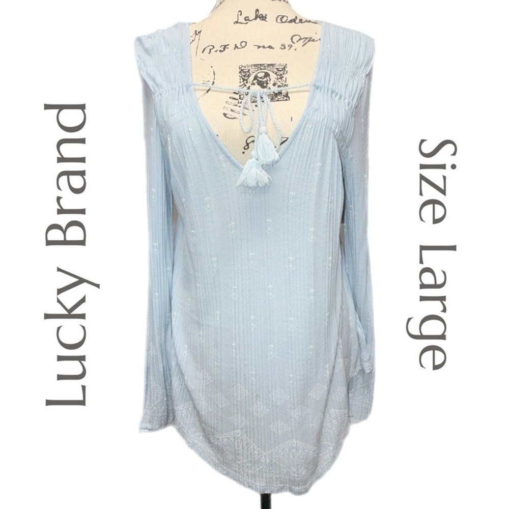 Lucky Brand - Light Blue Boho Peasant Blouse - Tassel Tie - Flowy - Size Large