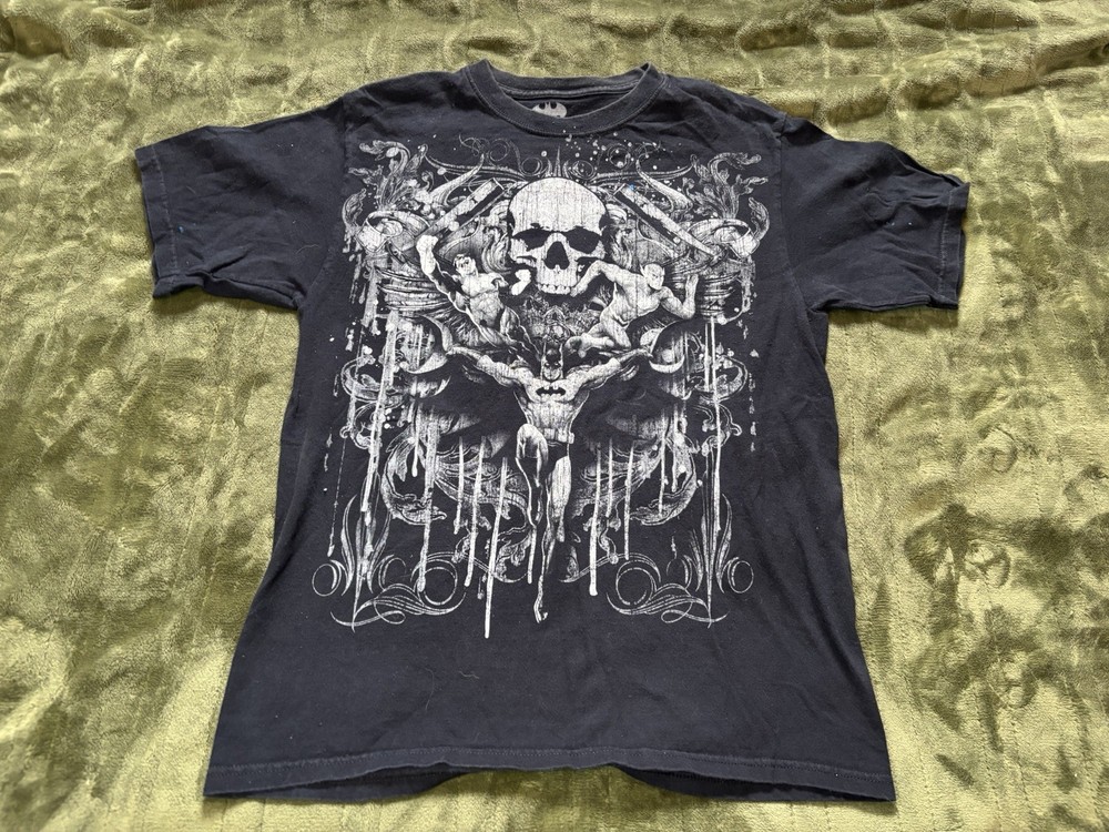 Vintage Y2K Batman DC Comics Shirt Mens Medium Black Skull Grunge Punk Emo Goth