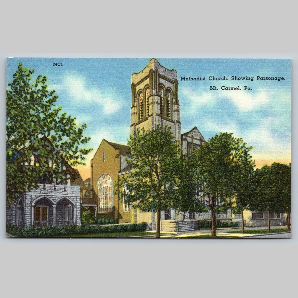 Postcard Methodist Church Showing Parsonage Mt. Carmel PA