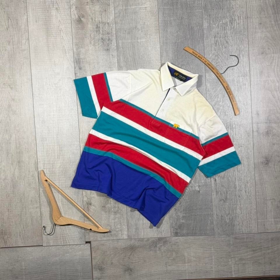 True vintage 80s blue and white golden bear polo distressed t shirt