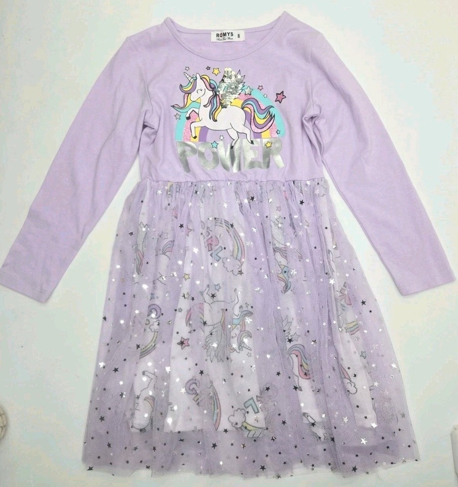 Girls Unicorn Dress Size 8 Purple Tulle Sparkle Long Sleeve Party Casual Cute...