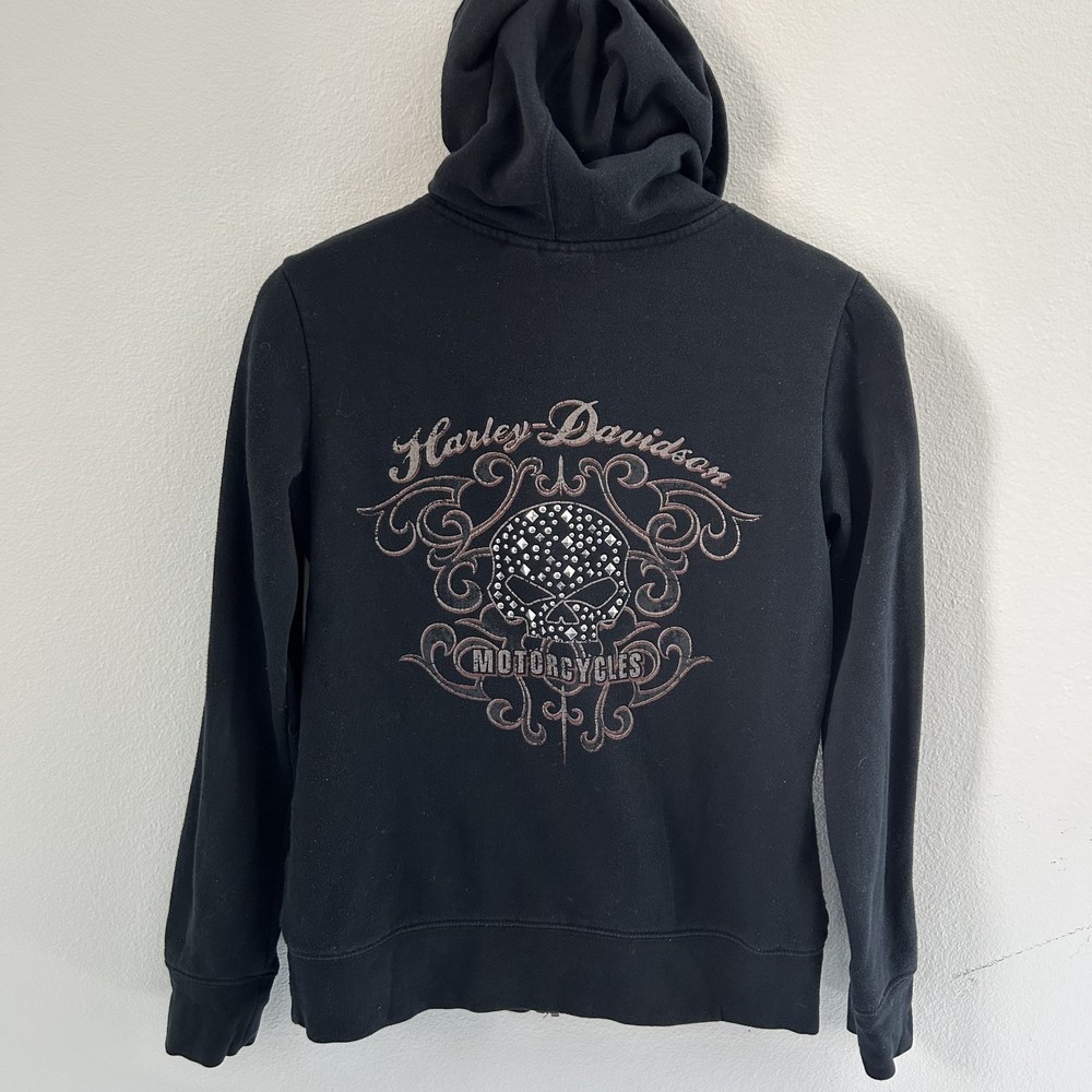 Harley Davidson Women's Embellished Scroll Skull Hoodie Large Black  Full Zip