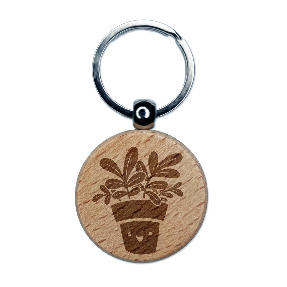 Happy Potted Plant Engraved Wood Round Keychain Tag Charm