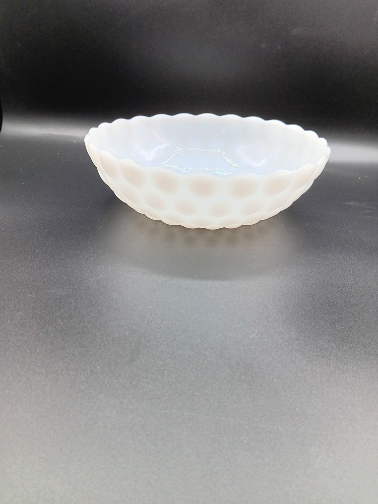 Vintage Milk Glass Hobnail Serving Dish Round Bowl Scalloped Edge