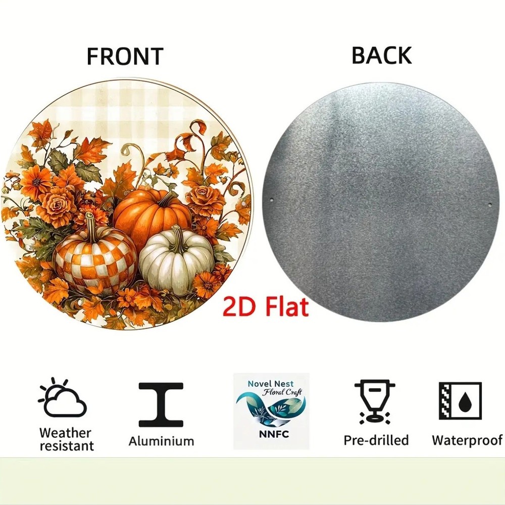Round Aluminum Metal Wall Sign Autumn Pumpkin Wreath Design