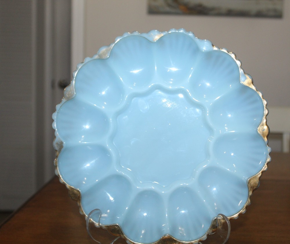 Vintage Anchor Hocking Fire King Delphite Blue Deviled Egg Serving Dish Plate