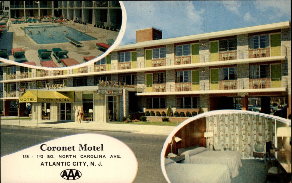 Coronet Motel Atlantic City New Jersey ~ swimming pool 1950s TV room ~ postcard