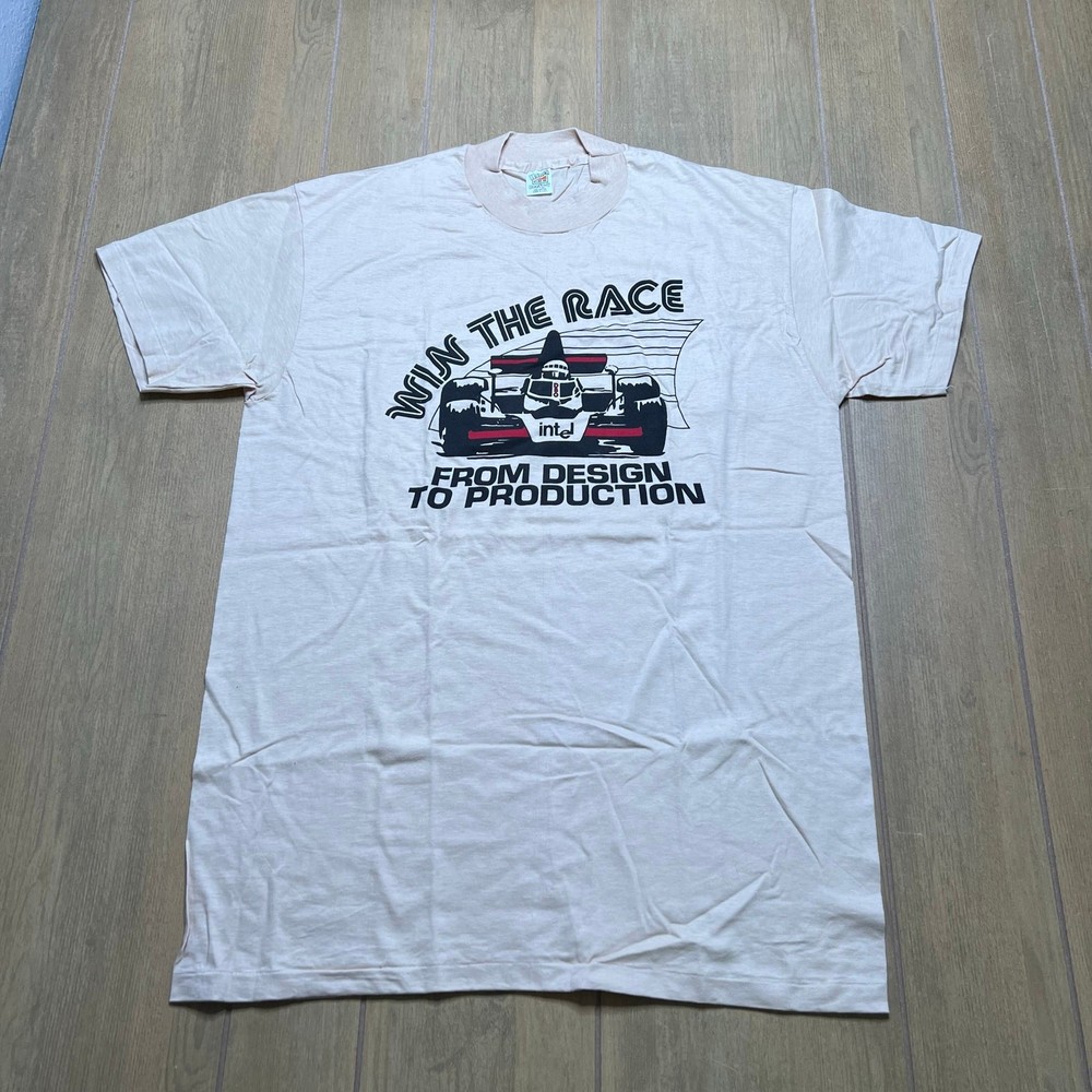 Vintage Intel Racing T Shirt XL USA Made Hanes Beefy T 90s Win The Race Graphic